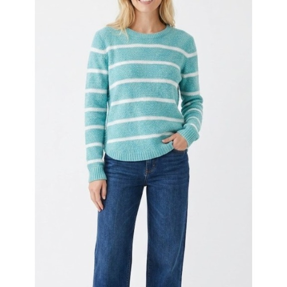 New Mia & Tess Striped Sweater Medium Teal White Knit Pullover Coastal
